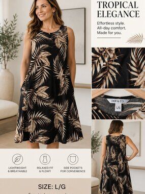 Tropical Black & Tan Dress – Size L/G